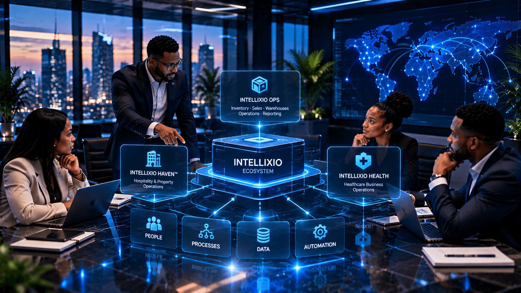 The Intellixio ecosystem connecting OPS, Haven and Health with people, processes, data and automation