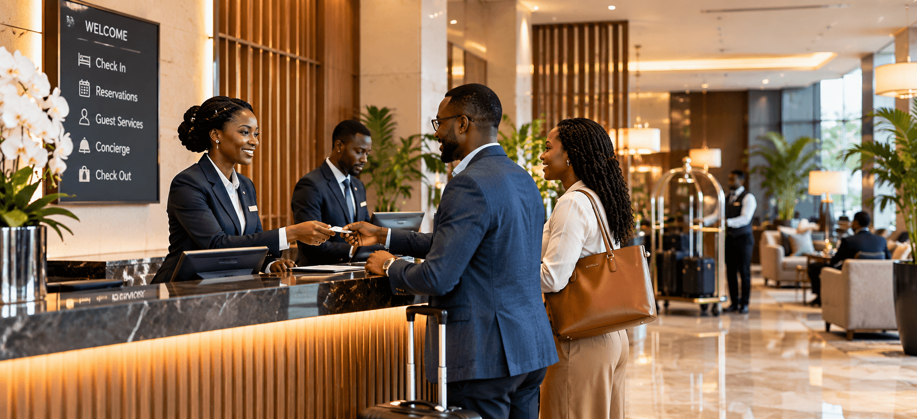Hospitality front-office team coordinating guest operations