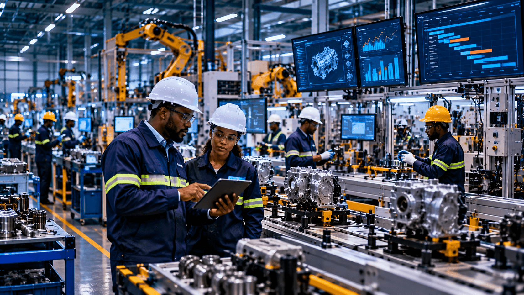 Manufacturing engineers reviewing production operations on a modern factory floor
