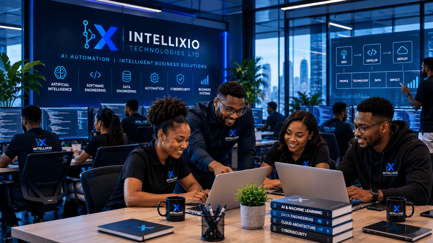 Intellixio Technologies team collaborating in a modern technology workspace