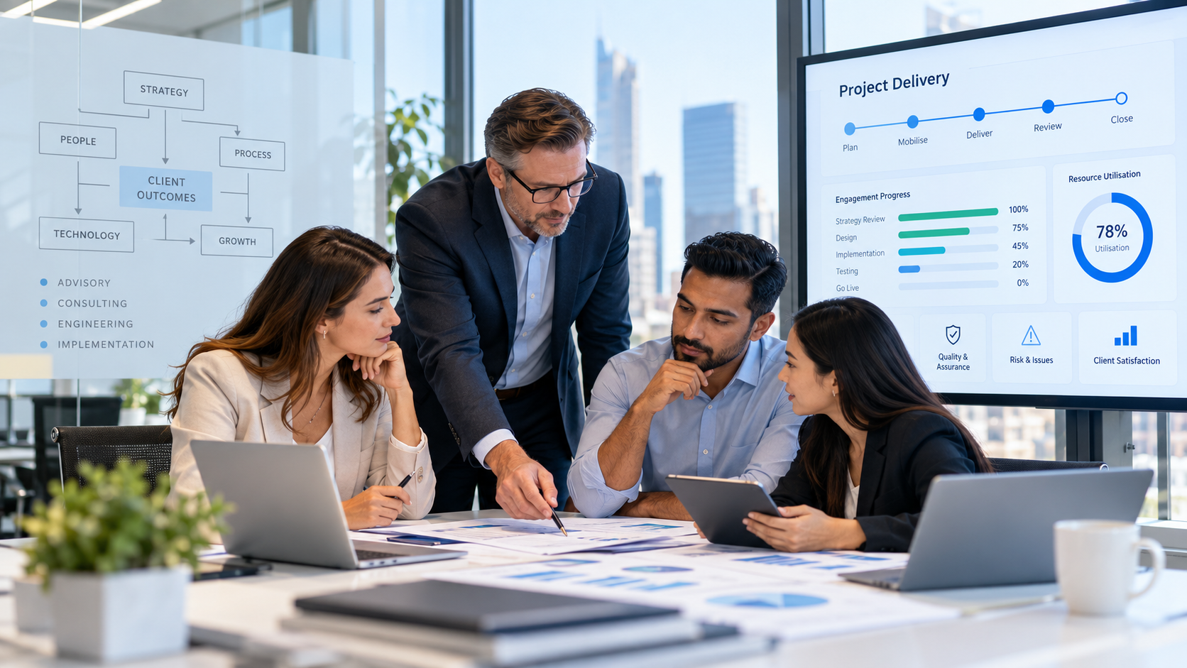 Professional services team collaborating in a modern business environment